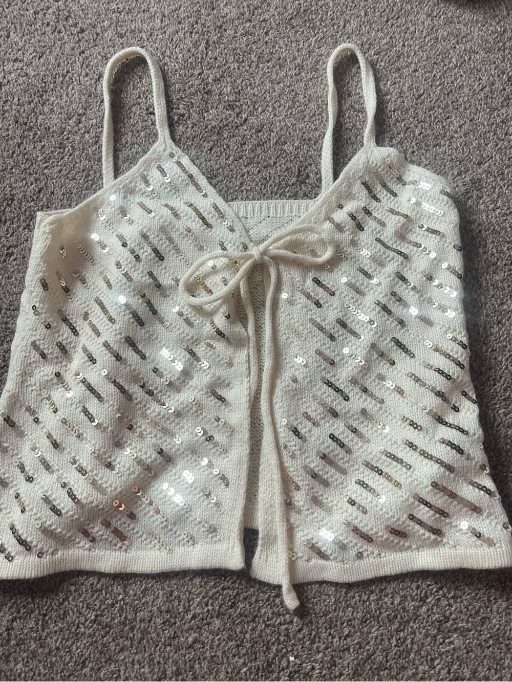 Cream Sequin Tie-Front Knit Cami Top